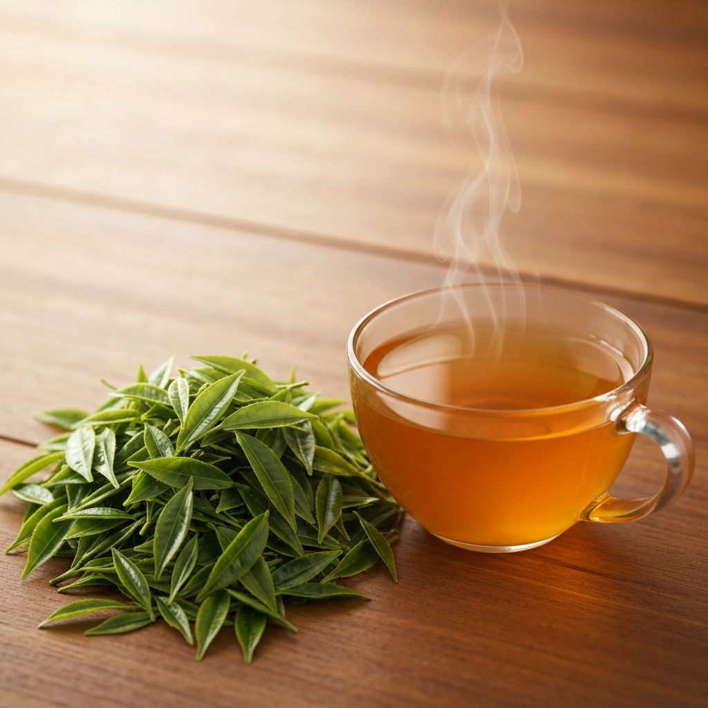 Green tea leaves and cup of green tea on wooden table