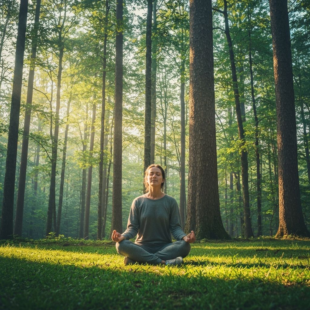 Person meditating peacefully in nature with calm expression