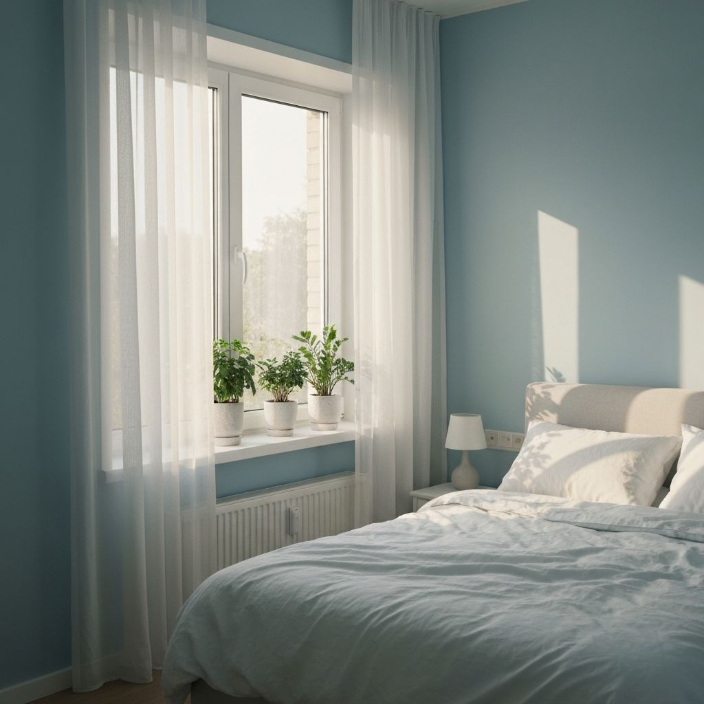 Peaceful bedroom with soft natural sunlight and comfortable bed